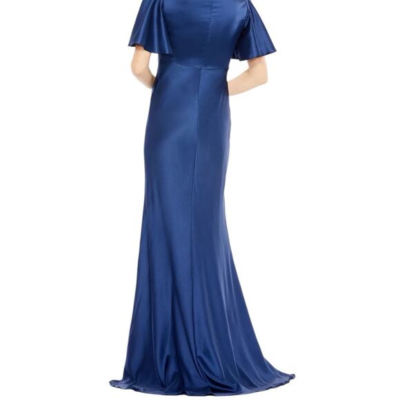 NWT IEENA for MAC DUGGAL Blue Flutter Sleeve V-Neck Satin Maxi Gown Women’s - Picture 10 of 10